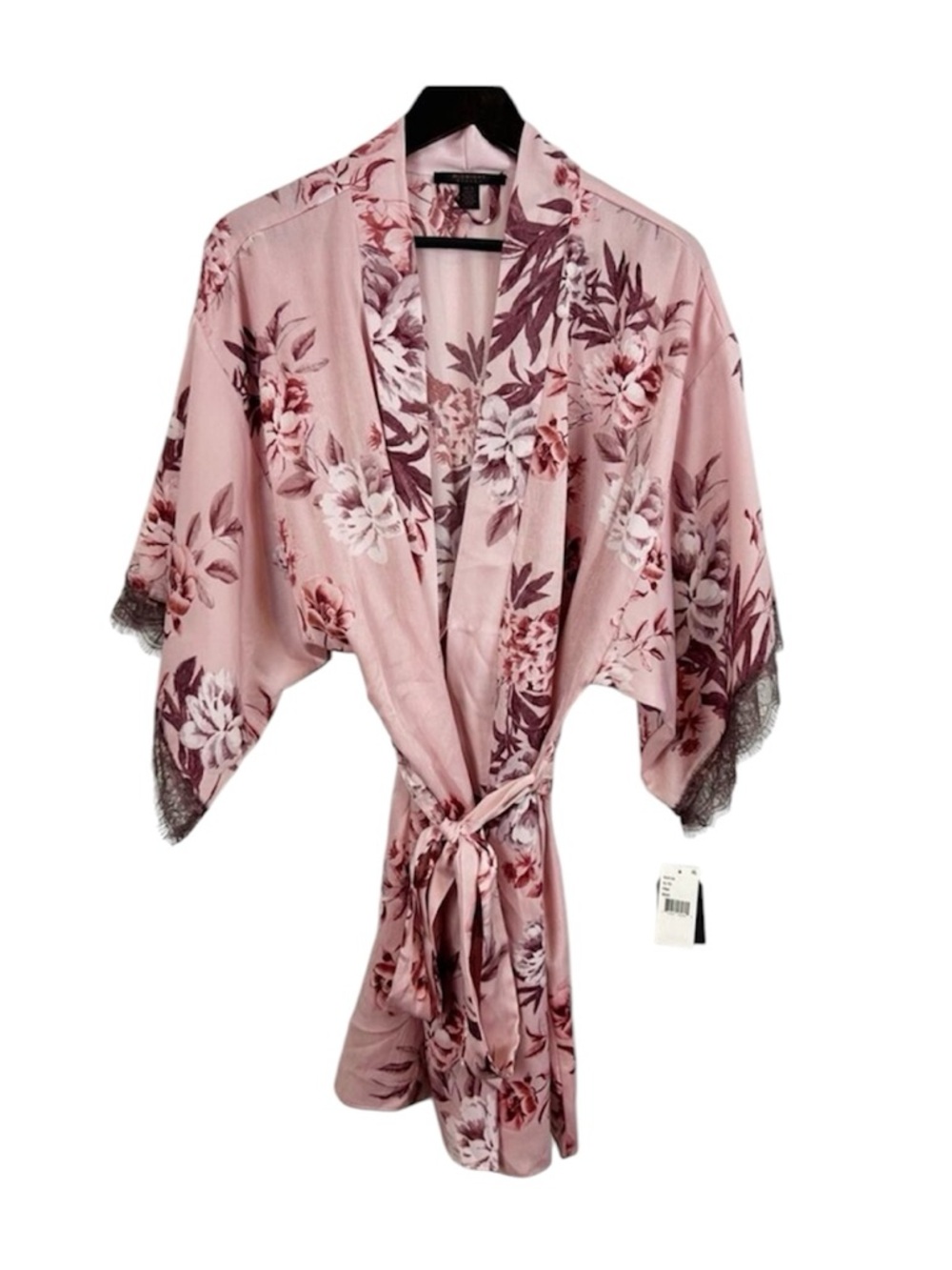Midnight Bakery Floral Lace-Trim Satiny Robe Pink Size X-Large